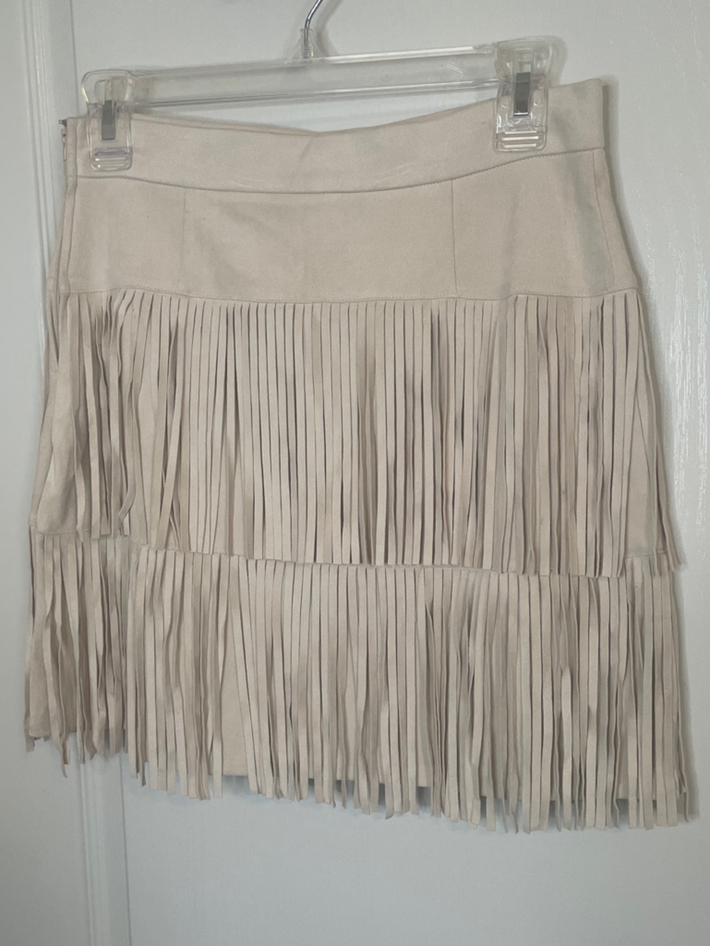 Blue Rain Faux Suede Cream Fringed Drop Waist Mini Skirt Medium - Picture 2 of 6